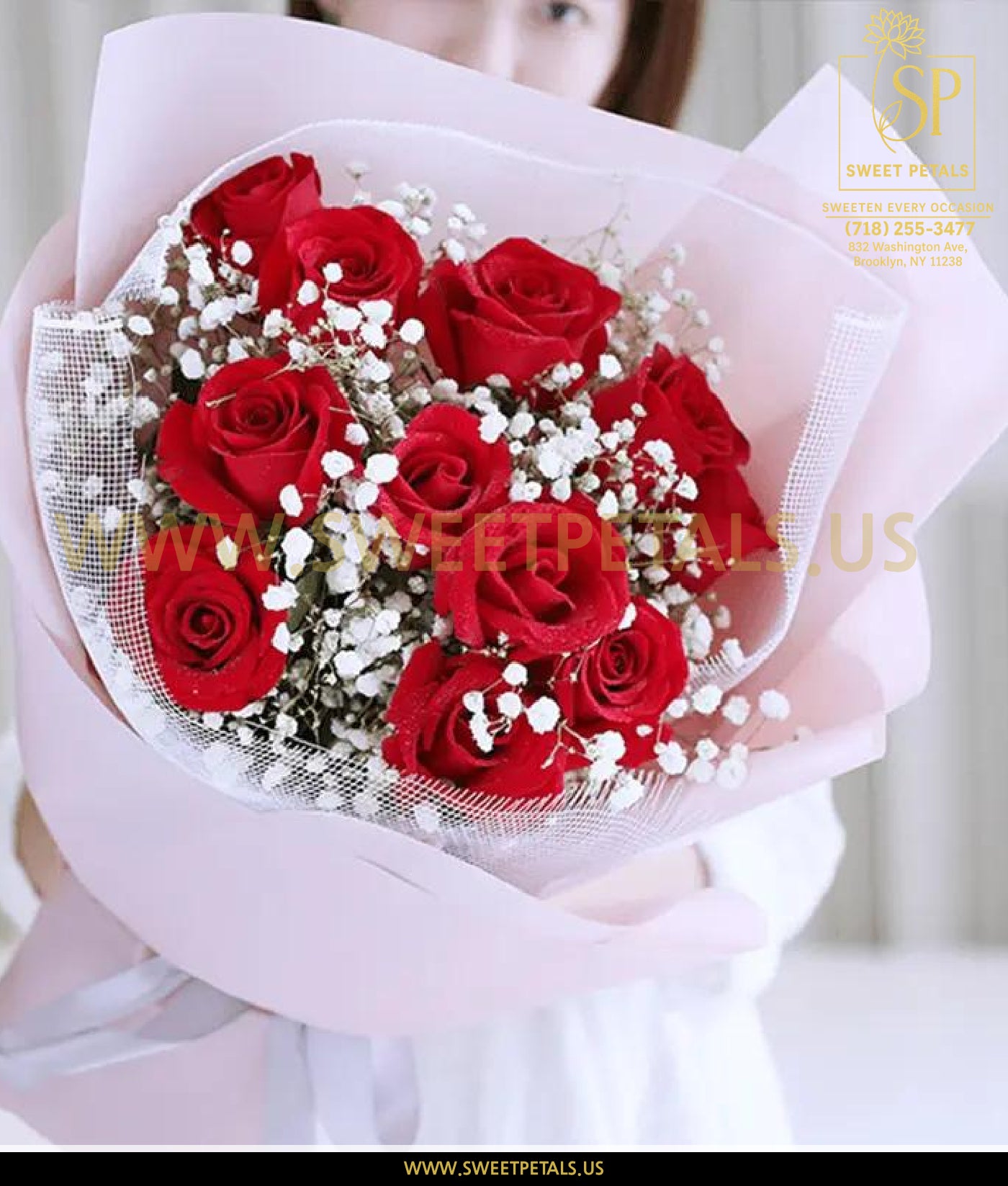 Blushing Romance red roses bouquet with fresh red roses and white baby’s breath, an elegant bouquet of roses Valentines Day from a premium valentine's day flower shop, perfect as a red roses bouquet Valentines Day gift.