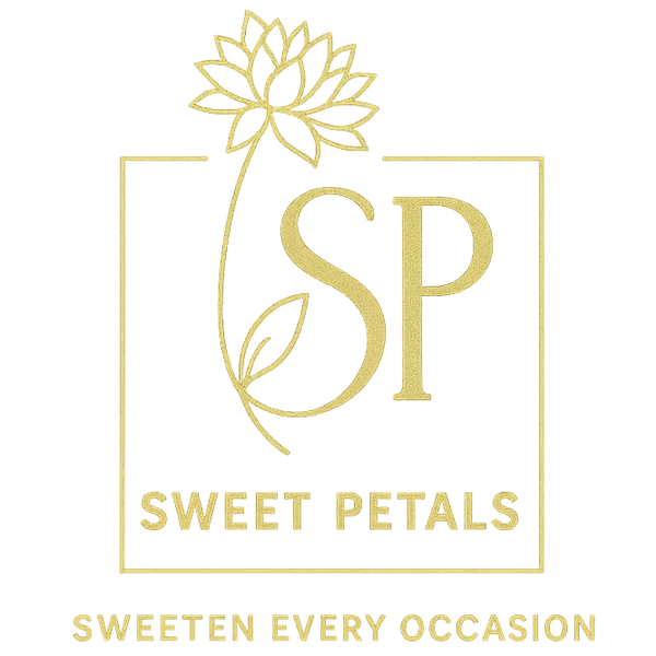 Gold logo of Sweet Petals with floral design on a white background