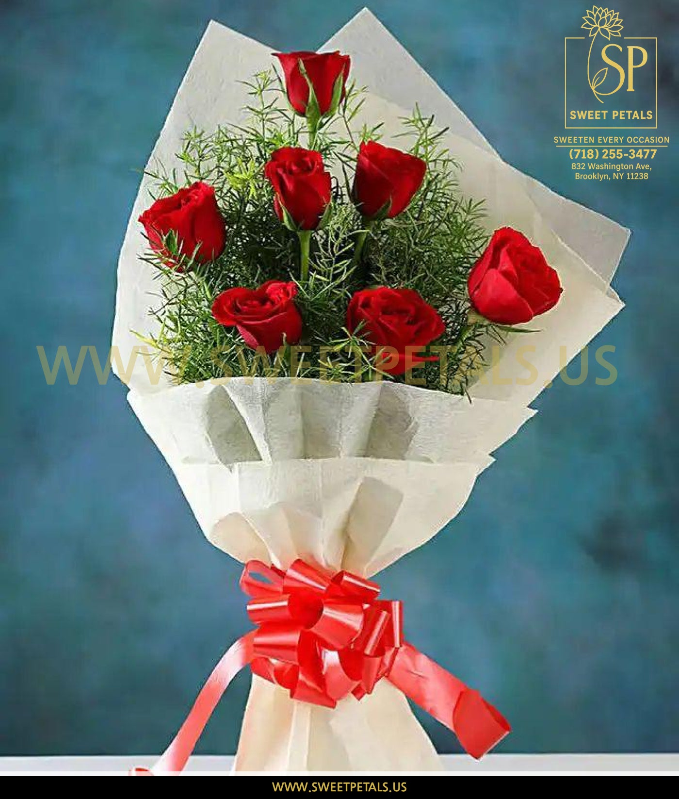 Classic seven red roses valentines bouquet flowers with elegant wrapping, perfect valentinesday flowers and flower delivery Valentine’s gift