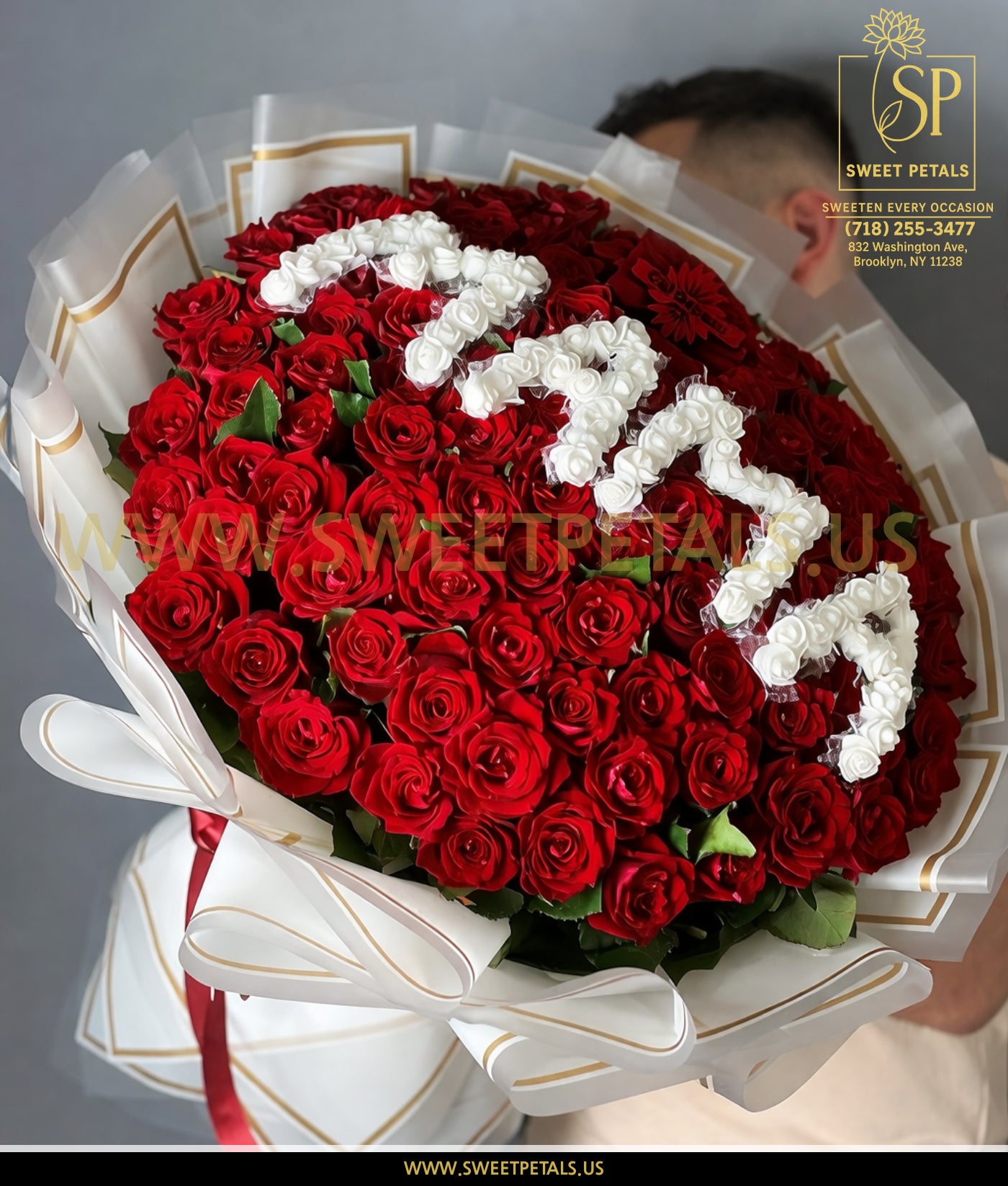 Luxury red roses bouquet arranged with white roses spelling MAMA, perfect Mother’s Day flowers gift
