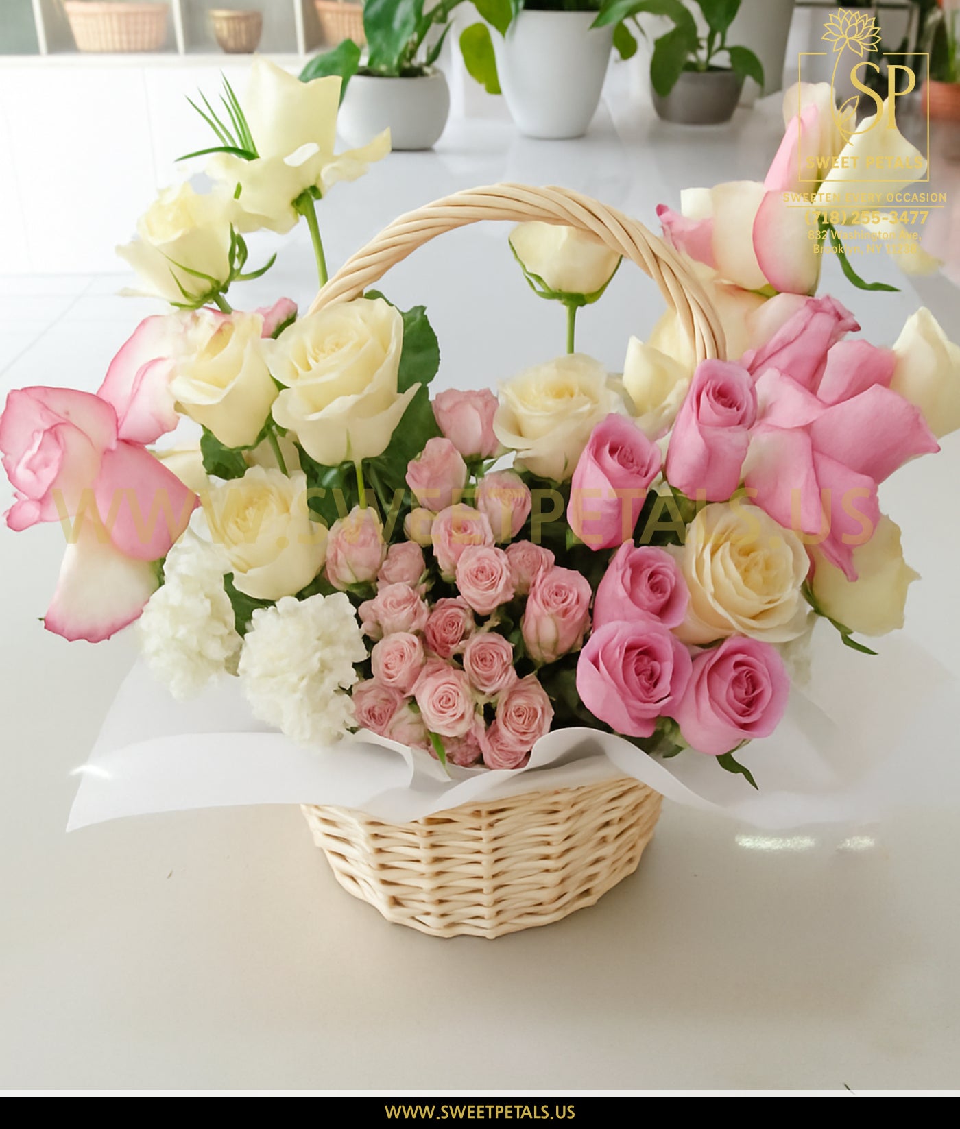 Pink & Ivory Rose Charm Basket