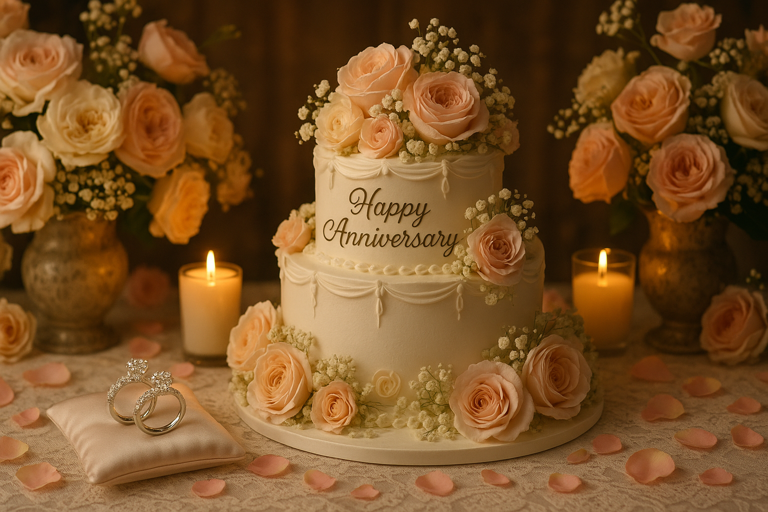 anniversary with flowers decors and cakes and rings