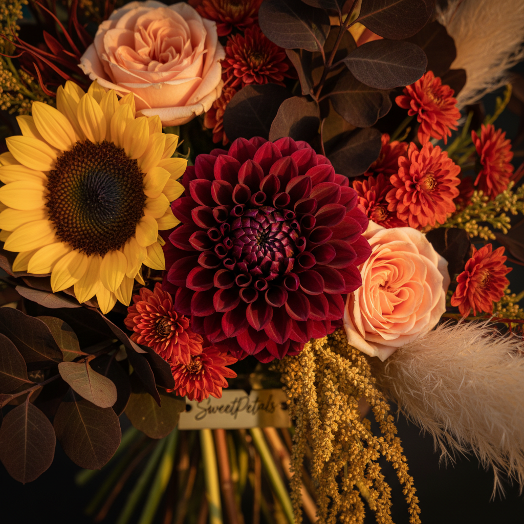 Autumn Harvest Luxury Bouquet | Premium Dahlia, Sunflower, Peach Rose, Mum, Amaranthus & Pampas Grass Fall Flower Arrangement for Birthdays, Anniversaries & Seasonal Gifting