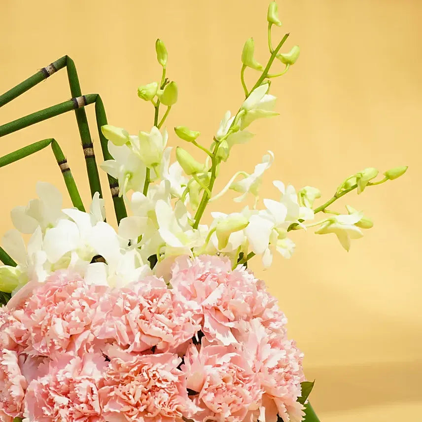 Exquisite Pink Carnation & White Orchid Vase Arrangement – Bamboo Sculptural Floral Design
