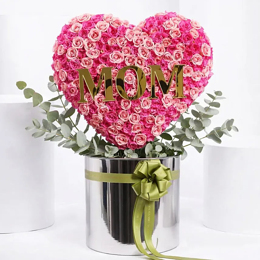 Heart of Roses for Mom – 100+ Pink Roses Heart Arrangement with Gold MOM Letters