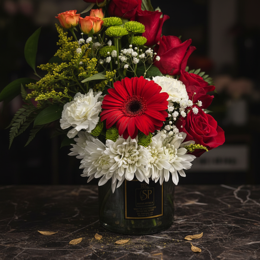 Close-up of red roses and gerbera daisy luxury floral arrangement in vase – SweetPetals premium flowers