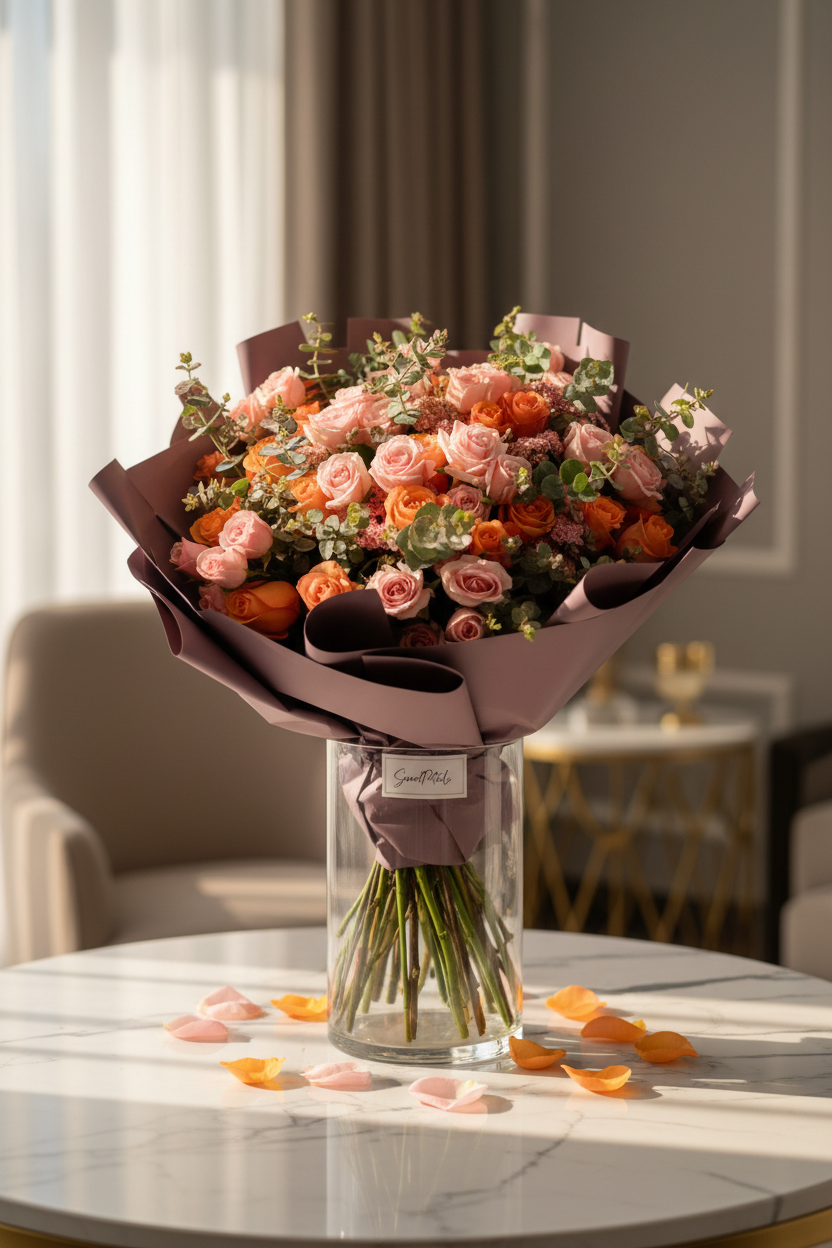 Elegant sunset blush and orange rose bouquet in glass vase by window in luxury home – SweetPetals premium pink and orange floral gift New York