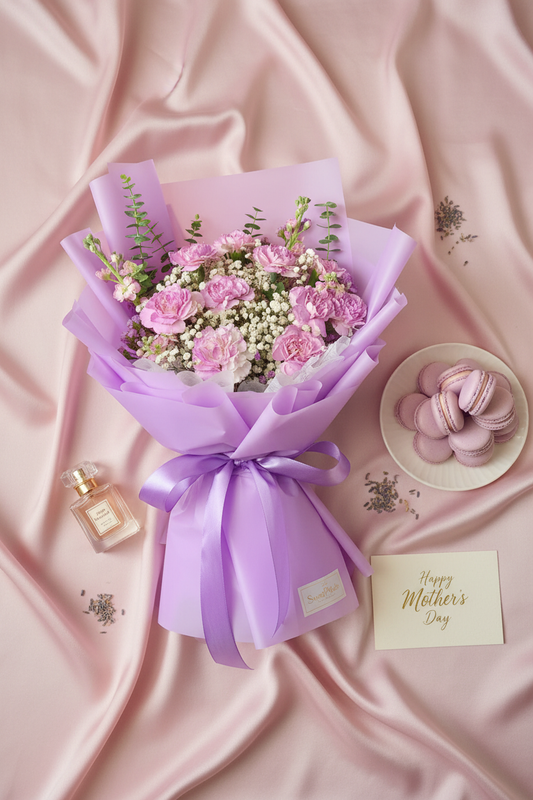 Flat lay lilac grace carnation bouquet with macaron tower gold perfume bottle and Mother's Day card on blush silk – SweetPetals luxury lavender carnation gift delivery