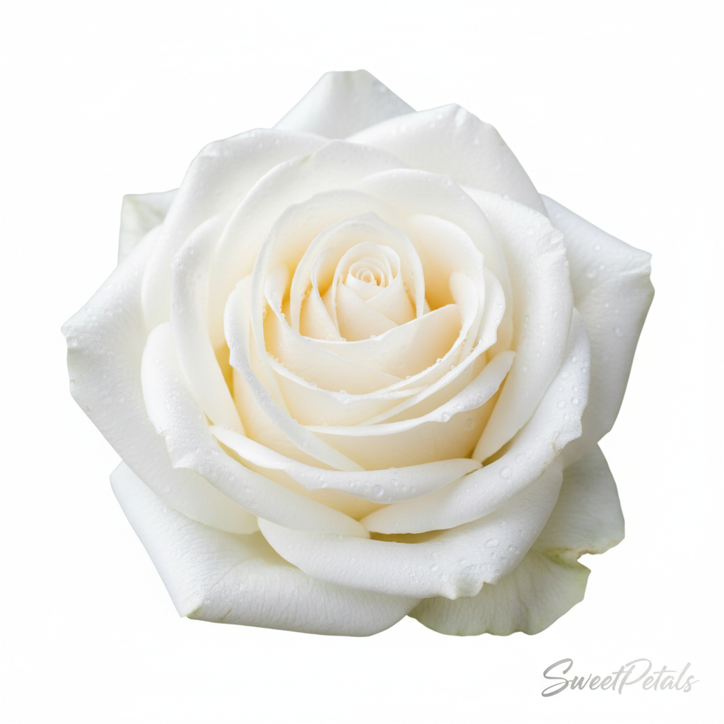 Single pure white rose botanical portrait with classic spiral petals on white background – SweetPetals luxury white rose bloom