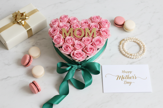 Heart rose arrangement flat lay with gift box and macarons – SweetPetals Mother's Day flower delivery NYC