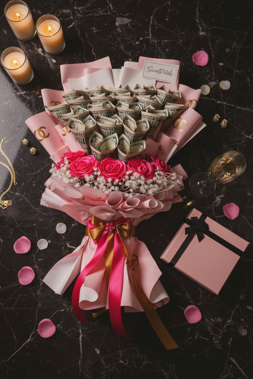 Flat lay luxury money bouquet with pink gift box and champagne on dark marble – SweetPetals luxury cash flower gift delivery