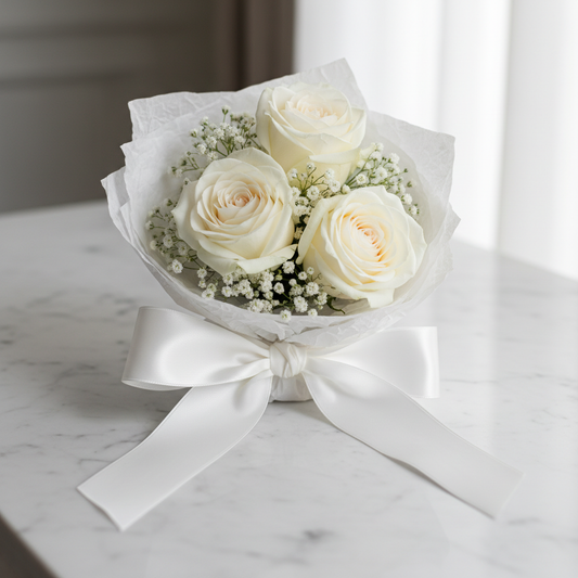 3 white roses close-up on marble — SweetPetals luxury floral