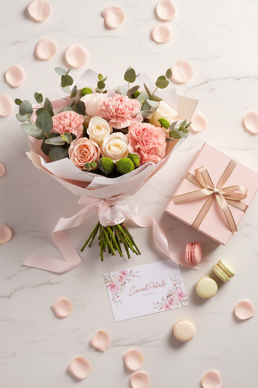 Flat lay pastel dreams bouquet with pink gift box and macarons on marble – SweetPetals flower gift delivery
