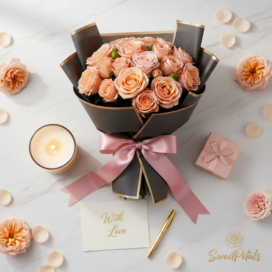 Peach rose bouquet flat lay with gold candle pink gift box rose petals – SweetPetals luxury gifting NYC
