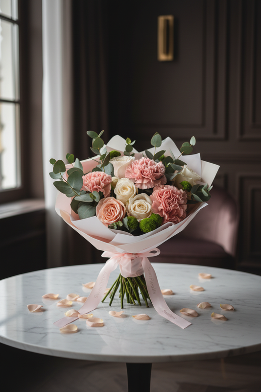 Elegant pastel dreams bouquet by window in luxury home with scattered pink petals – SweetPetals premium floral gift