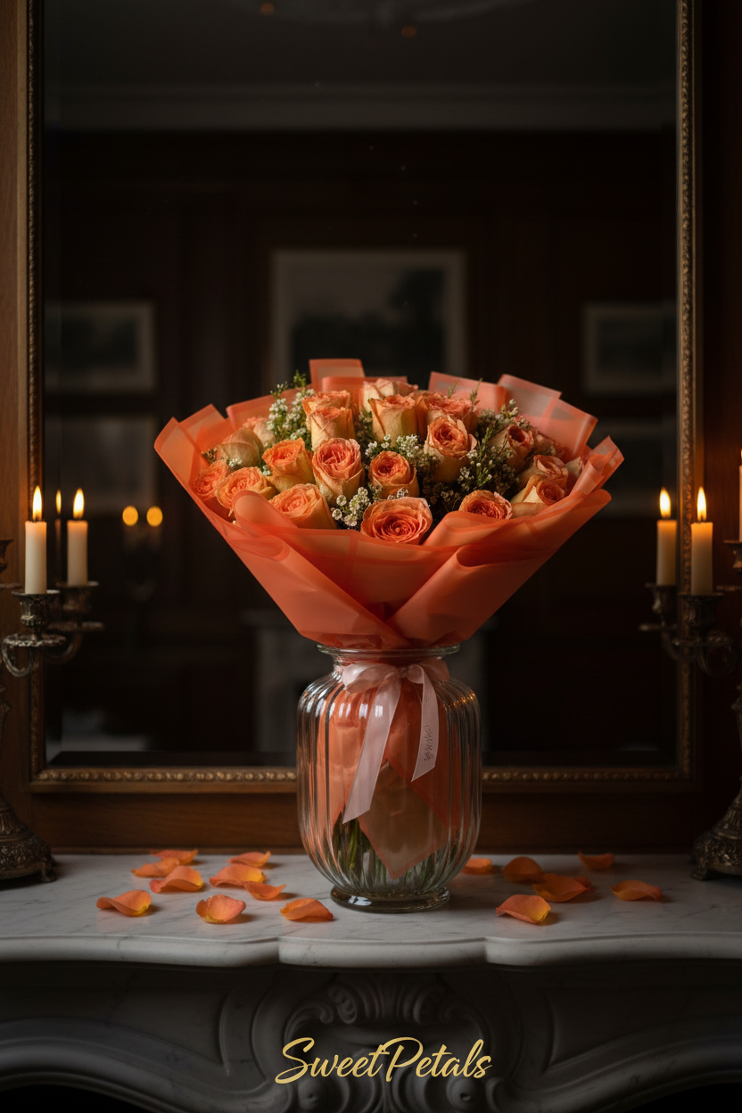 Elegant ember glow orange rose bouquet in glass vase on marble fireplace in luxury interior – SweetPetals premium peach coral rose gift New York
