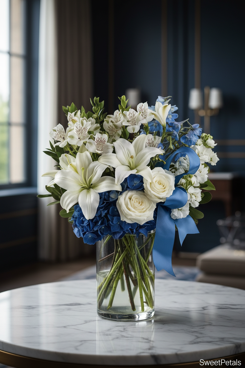 Elegant blue and white lily rose vase arrangement by window in luxury home – SweetPetals premium floral gift