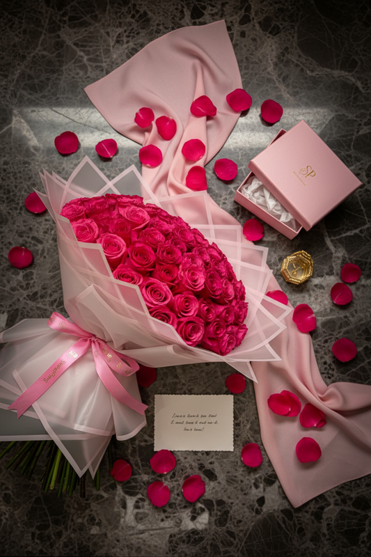 Flat lay 50 hot pink rose dome bouquet with pink gift box on dark marble – SweetPetals luxury romantic flower delivery