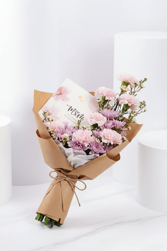 Pink carnations and chrysanthemums hand-tied bouquet with greeting card – SweetPetals luxury flower delivery NYC