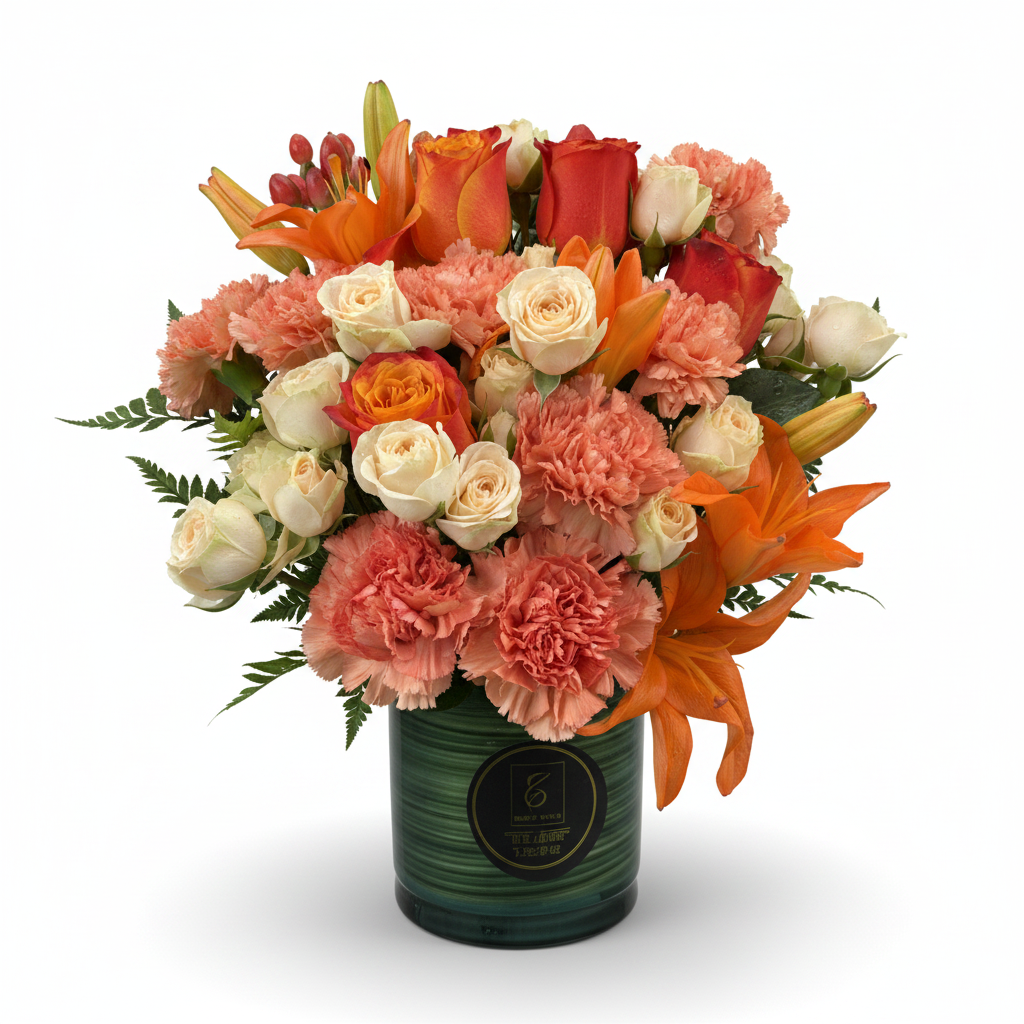 3D render of orange roses carnations and lilies in teal vase – SweetPetals NYC florist