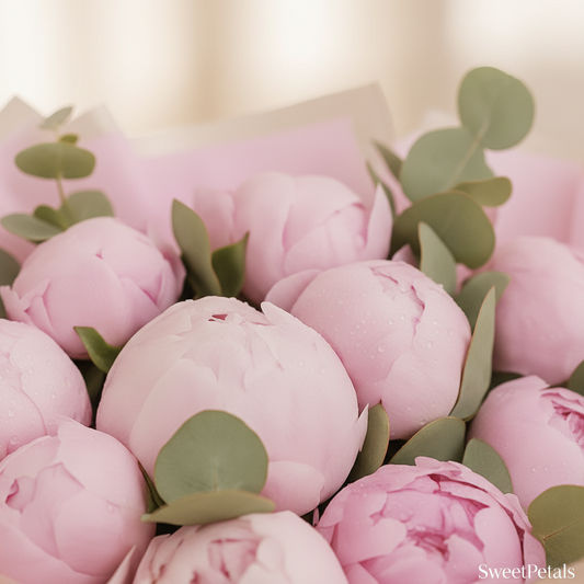 Close-up blush pink peony buds with eucalyptus – SweetPetals premium floral arrangement NYC