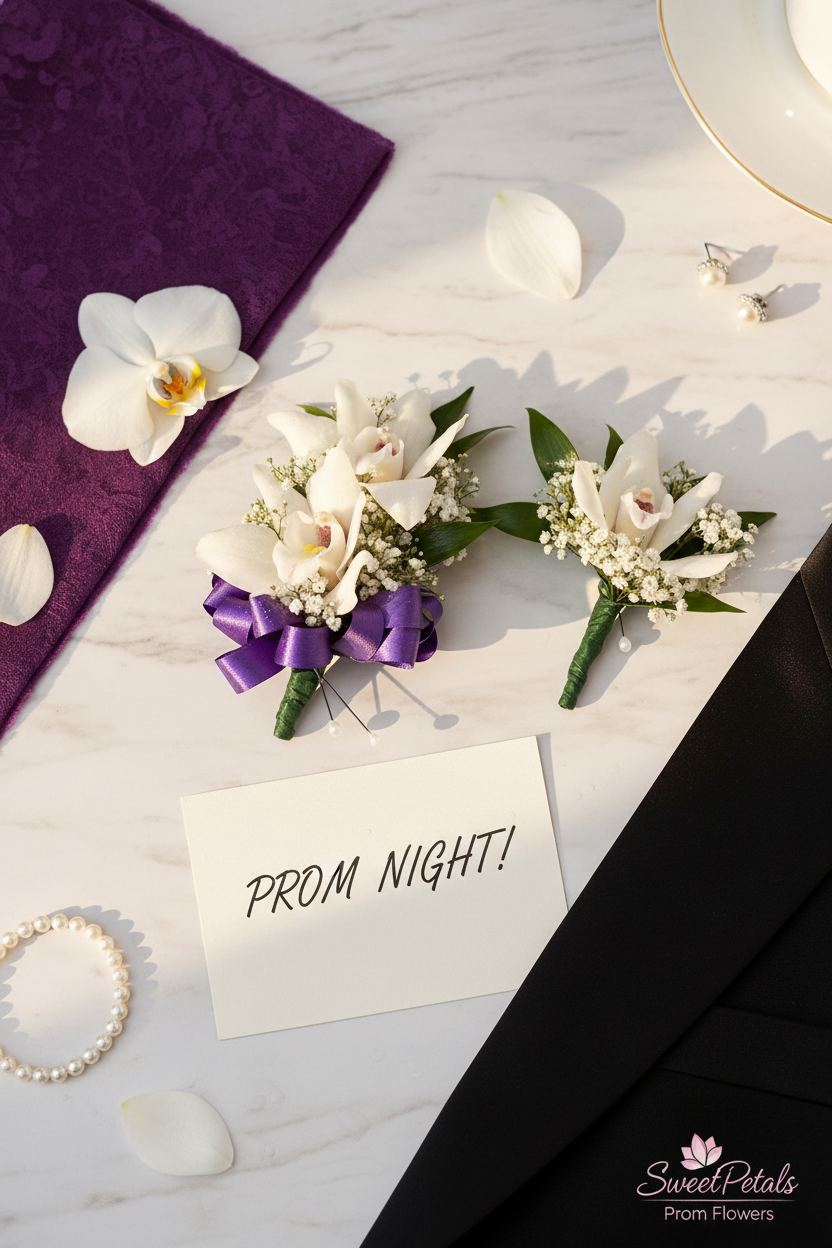 Flat lay white orchid corsage and boutonniere with purple gown and black tuxedo on marble โ SweetPetals luxury prom flower delivery