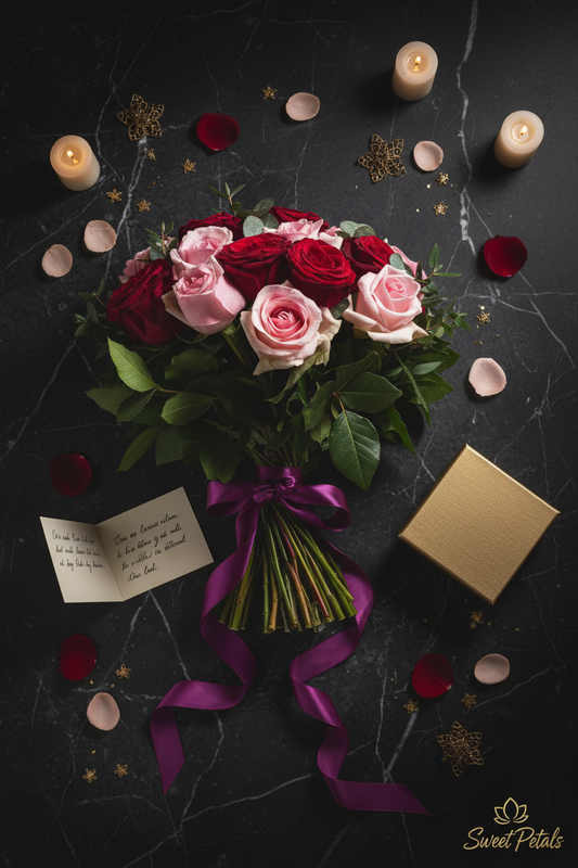 Flat lay red and blush pink rose bouquet with gold gift box on dark marble – SweetPetals luxury rose flower delivery