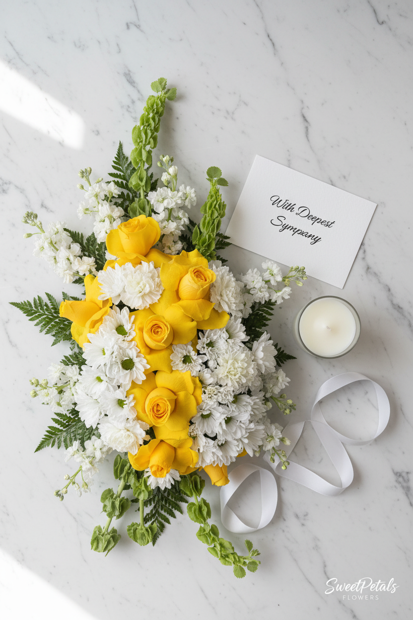 Flat lay yellow rose white chrysanthemum sympathy arrangement with candle and card – SweetPetals floral tribute
