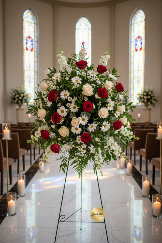 Sympathy standing spray in chapel setting — SweetPetals luxury funeral flower arrangement USA