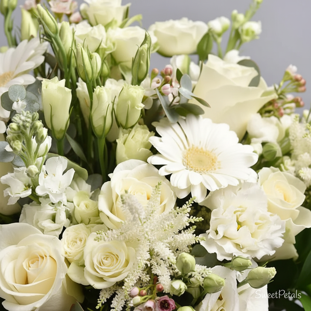 Close-up white roses lisianthus gerbera daisies astilbe blooms – SweetPetals premium flowers NYC