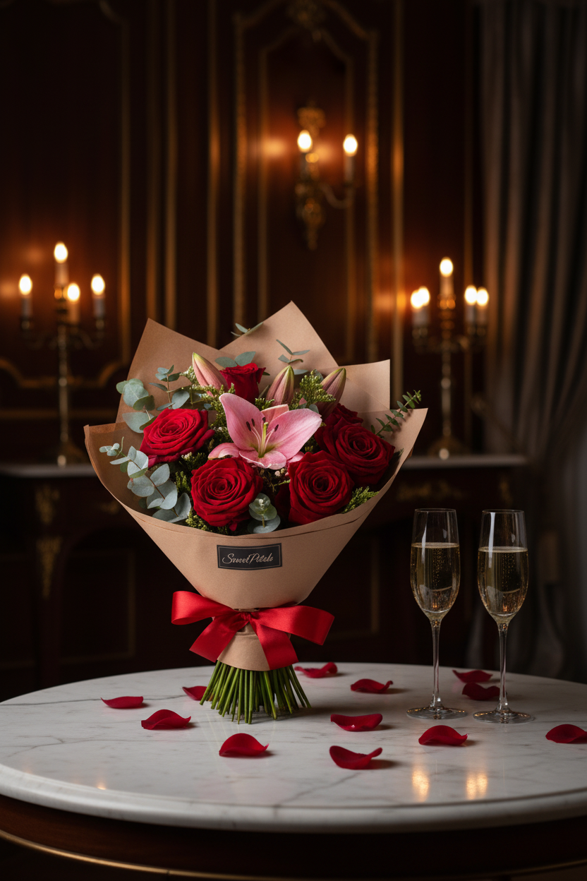 Elegant red rose and pink lily bouquet with champagne in luxury candlelit interior – SweetPetals romantic gift