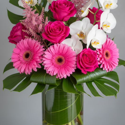 Close-up of pink gerbera daisies and roses in tall glass vase – SweetPetals NYC florist