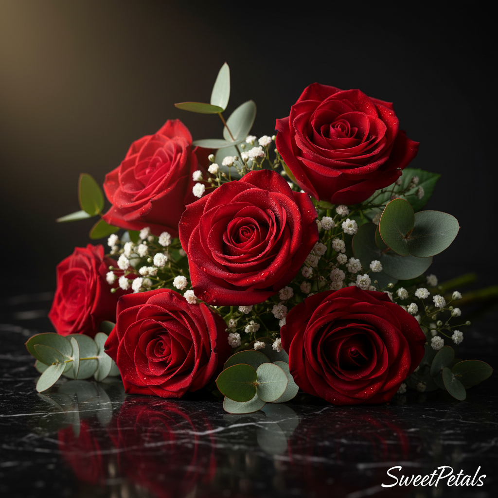 Close-up of deep red roses with white baby's breath and eucalyptus on dark marble – SweetPetals luxury eternal red rose bouquet