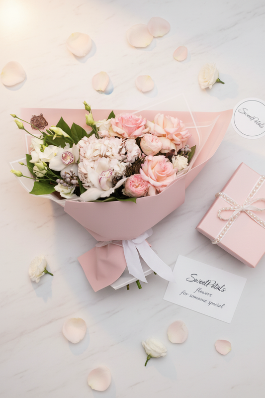 Flat lay blush rose lisianthus bouquet with pink gift box on marble – SweetPetals luxury flower gift delivery