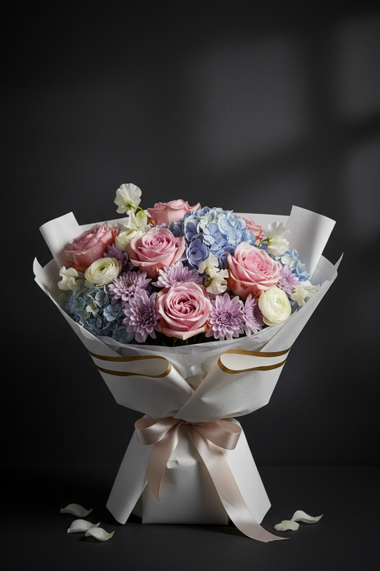 Pastel Elegance Bouquet with pink roses, lavender chrysanthemums, blue hydrangeas and white blooms wrapped in gold-trimmed white paper