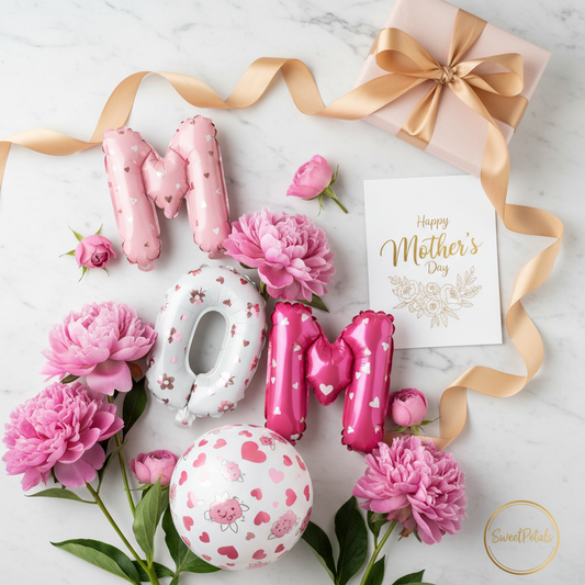Mother's Day balloon flat lay with peonies gift box gold ribbon – SweetPetals luxury gifting NYC