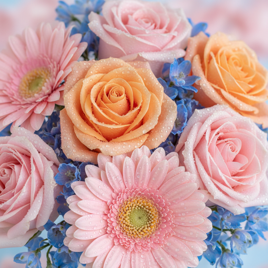 Macro close-up of peach roses pink gerbera daisies and blue delphinium – SweetPetals luxury flowers Brooklyn Manhattan