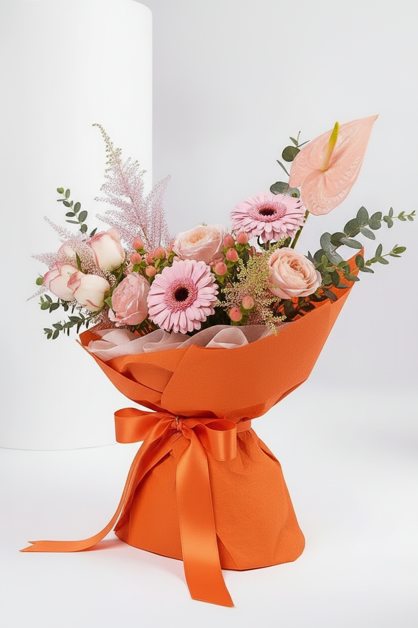 3D side angle view of pink roses gerberas and anthurium in orange wrap bouquet – SweetPetals premium flowers Brooklyn Manhattan