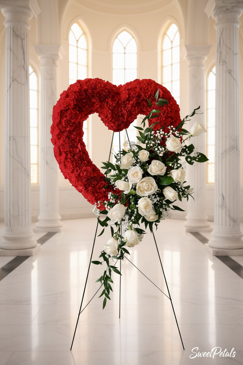 Red carnation heart with white rose cascade sympathy tribute on black easel in bright white chapel interior with golden light – SweetPetals premium funeral heart tribute New York