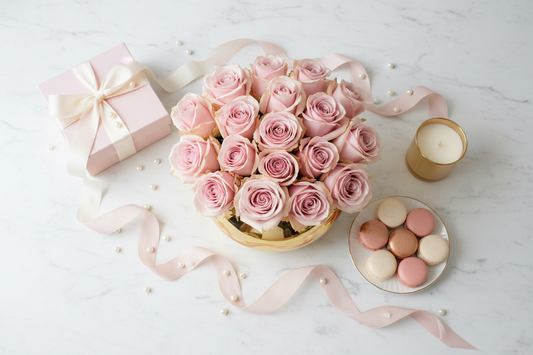 Pink rose gold vase flat lay with gift box and macarons – SweetPetals luxury flower delivery NYC
