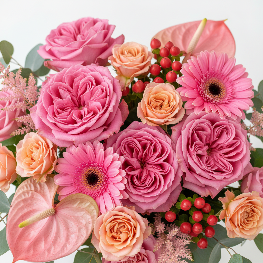 Close-up of pink roses gerberas anthurium and astilbe with eucalyptus – SweetPetals premium flowers Brooklyn Manhattan