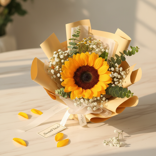 Close-up of sunny day mini sunflower bouquet with golden sunflower baby's breath and eucalyptus in golden kraft paper with white satin ribbon on white marble – SweetPetals luxury sunflower gift bouquet