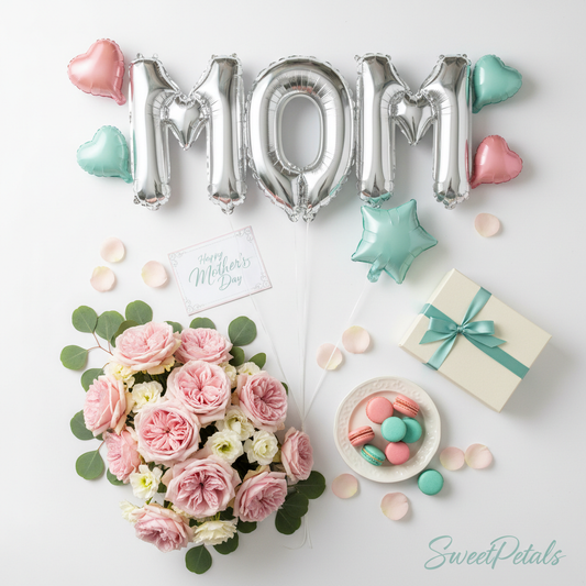MOM balloon flat lay with roses gift box and macarons – SweetPetals Mother's Day gifting NYC