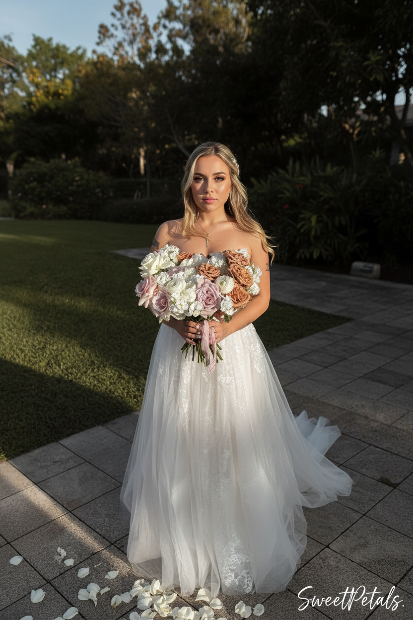 Bride in white tulle gown holding sienna garden rose bridal bouquet in golden hour outdoor wedding venue – SweetPetals premium terracotta rose ranunculus boho wedding bouquet New York