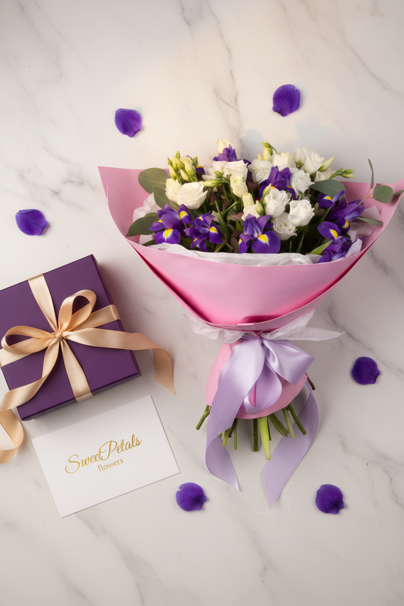 Flat lay purple iris white lisianthus bouquet with gift box on marble – SweetPetals flower gift delivery