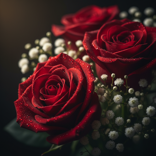 Moody close-up macro of deep crimson red rose petals with baby's breath – SweetPetals premium flowers Brooklyn Manhattan