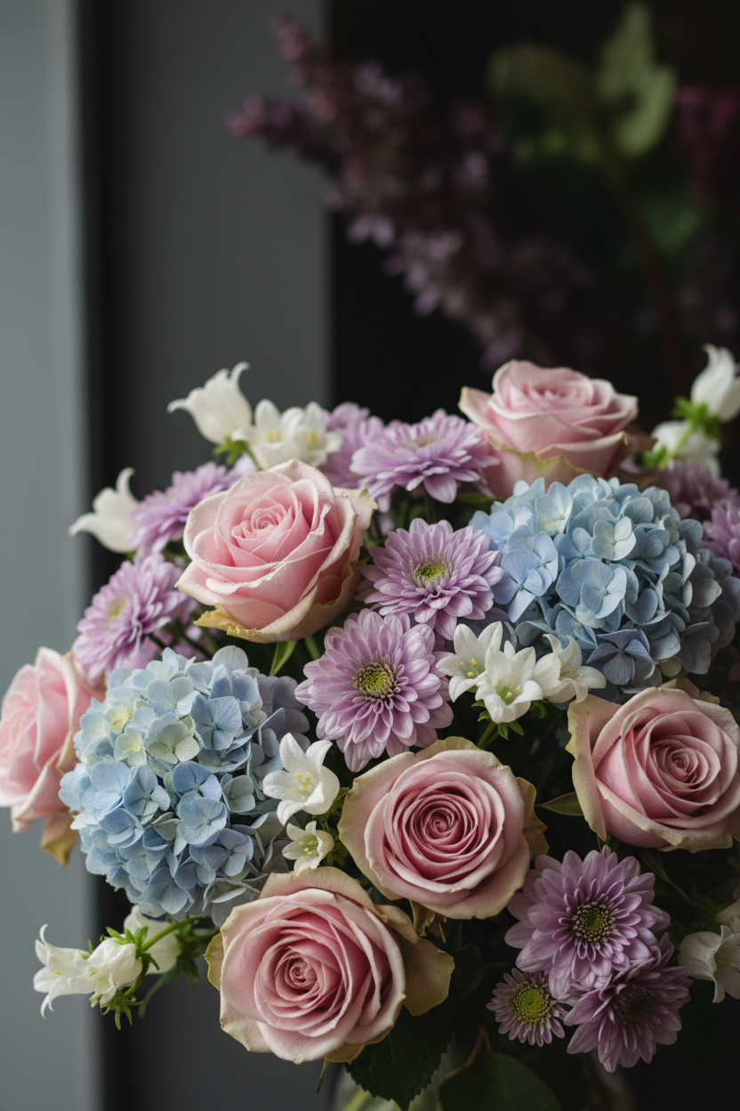 Close-up of Pastel Elegance Bouquet featuring soft pink roses, lavender chrysanthemums and blue hydrangeas by SweetPetals Brooklyn