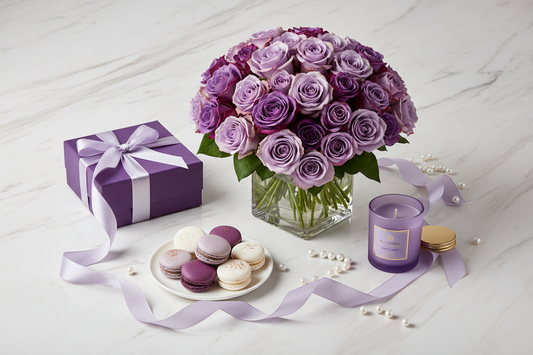 Purple rose bouquet flat lay with gift box and macarons – SweetPetals luxury flower delivery NYC