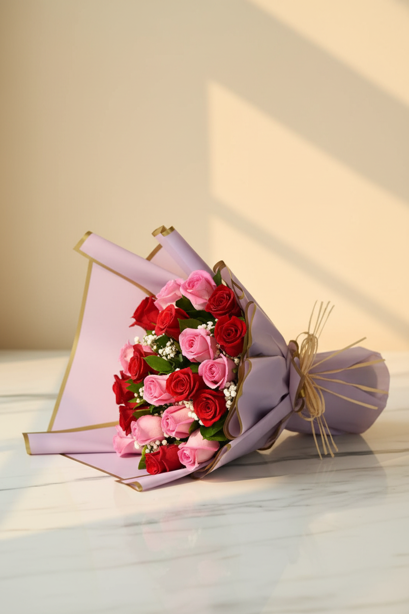Red and pink rose symphony bouquet on white marble golden hour editorial – SweetPetals NYC florist