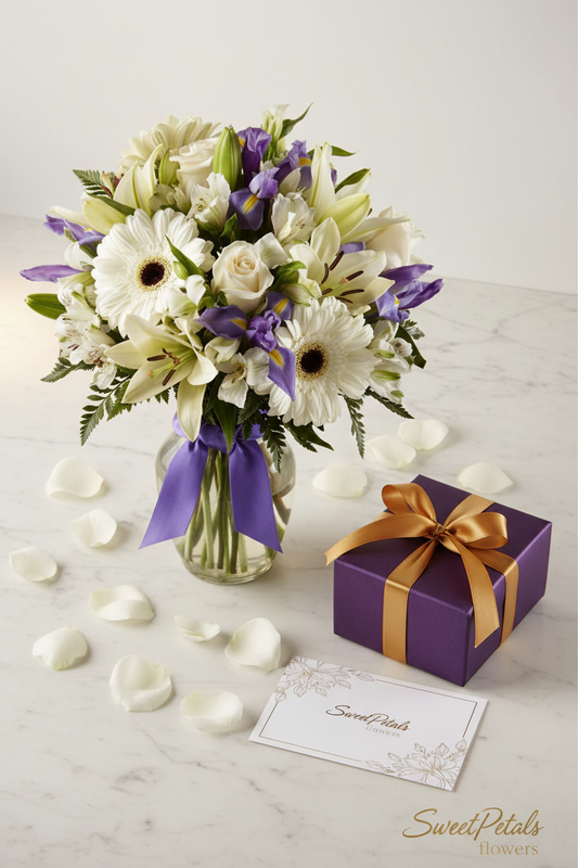 Flat lay white and purple floral vase arrangement with gift box on marble – SweetPetals flower gift delivery